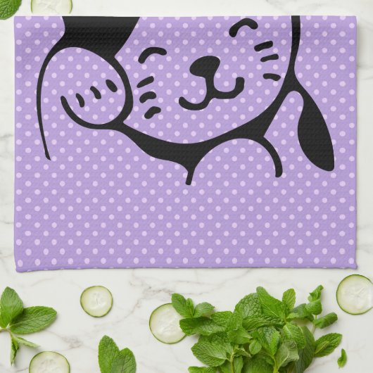 Cute Black en White Kitty Cat Waving Hallo Theedoek (Gevouwen)