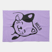 Cute Black en White Kitty Cat Waving Hallo Theedoek (Horizontaal)