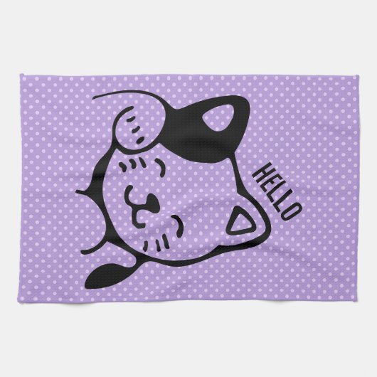 Cute Black en White Kitty Cat Waving Hallo Theedoek (Horizontaal)