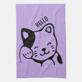 Cute Black en White Kitty Cat Waving Hallo Theedoek (Verticaal)