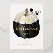 Cute Black en White Pumpkin Happy Halloween Gold Folie Feestdagenkaart (Voorkant)