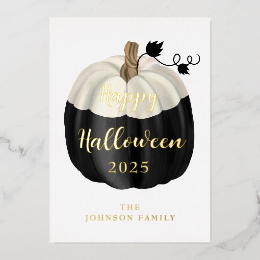 Cute Black en White Pumpkin Happy Halloween Gold Folie Feestdagenkaart (Voorkant)