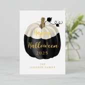 Cute Black en White Pumpkin Happy Halloween Gold Folie Feestdagenkaart (Staand Voorkant)