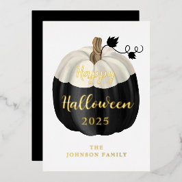 Cute Black en White Pumpkin Happy Halloween Gold Folie Feestdagenkaart