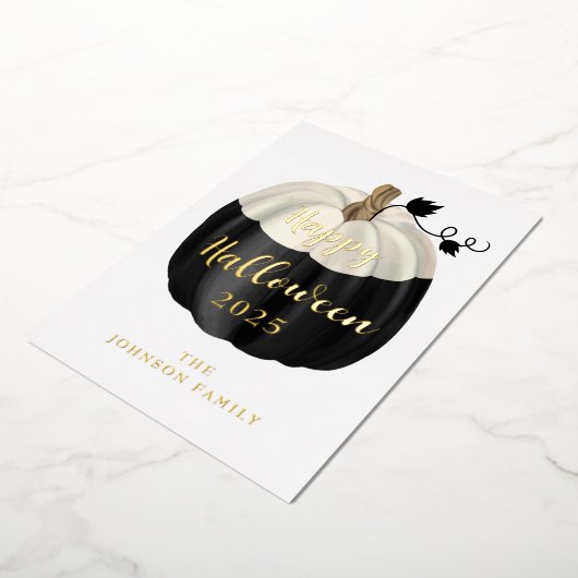 Cute Black en White Pumpkin Happy Halloween Gold Folie Feestdagenkaart (Gedraaid)