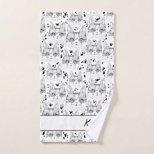 Cute Black en White Serene Cat Face Pattern Bad Handdoek (Handdoek)