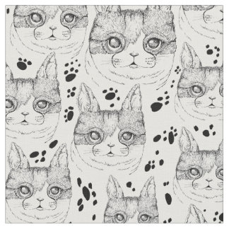 Cute Black en White Serene Cat Face Pattern Stof