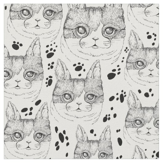 Cute Black en White Serene Cat Face Pattern Stof (Close Up)