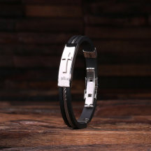 Cute Black Engraved Cross Leather & Steel Bracelet