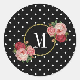Cute Black  Floral Gold Polka Dots Monogram Ronde Sticker
