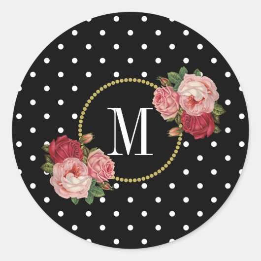 Cute Black  Floral Gold Polka Dots Monogram Ronde Sticker (Voorkant)