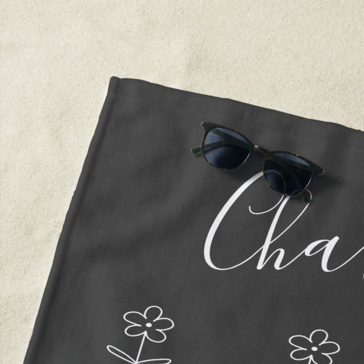 Cute Black Floral Line Art op maat Strandlaken (In situ)