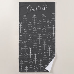Cute Black Floral Line Art op maat Strandlaken