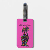 Cute Black Flowered Cat Pink Persoonlijk Bagagelabel (Achterkant verticaal)