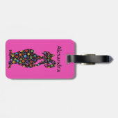 Cute Black Flowered Cat Pink Persoonlijk Bagagelabel (Achterkant horizontaal)