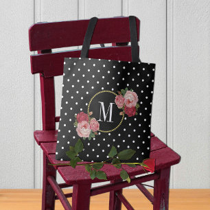 Cute Black Flowers Polka Dots Monogram Tote Bag