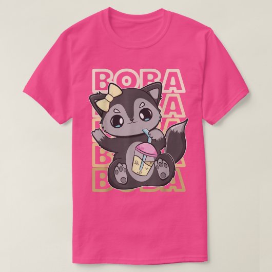Cute Black Fox Bubble Tea Milk met Boba T-shirt (Design voorkant)