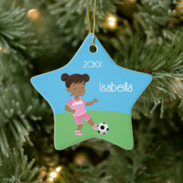Cute Black Girl Soccer Persoonlijk kerstfeest Keramisch Ornament