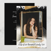 Cute Black & Gold Framed Afstuderen Invitation Kaart (Voorkant / Achterkant)