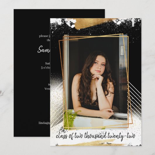 Cute Black & Gold Framed Afstuderen Invitation Kaart (Voorkant / Achterkant)