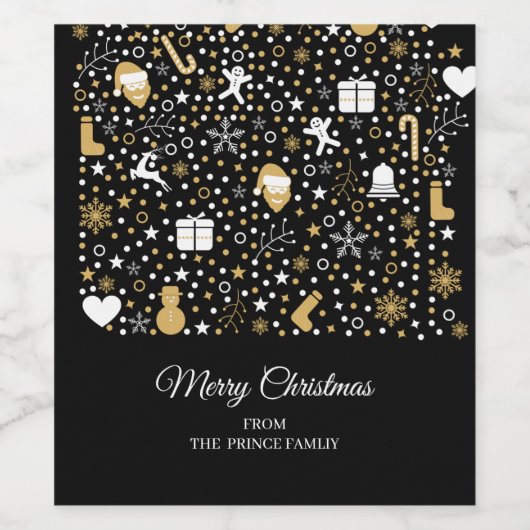 Cute Black Gold Polka Dots Script-kerstfeest Wijn Etiket (Enkel label)