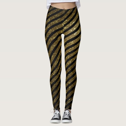Cute Black Gold Snoep Stripe Glitter Patroon Leggings (Voorkant)