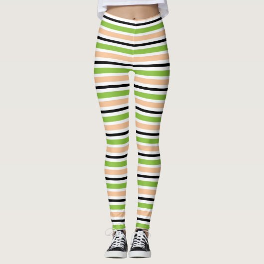 Cute Black Green Sinaasappel & White Stripes Hallo Leggings (Voorkant)