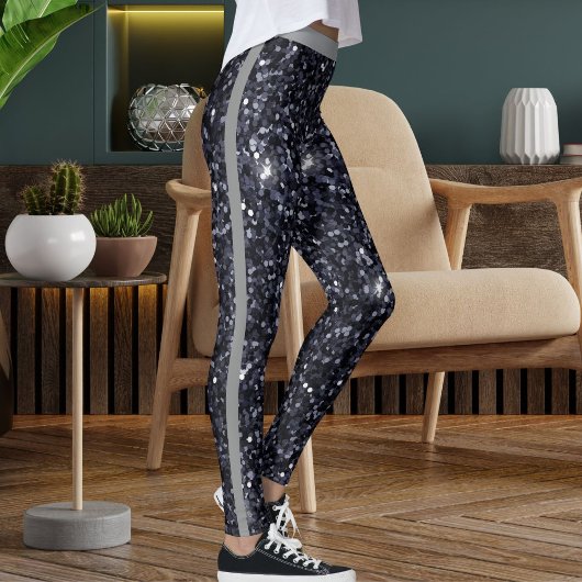 Cute Black Grey Sparkle Glitter Pattern Stripe Leggings