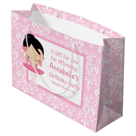 Cute Black Hair Ballerina & Roze Damask Hartelijk  Groot Cadeauzakje (Achterkant Gekanteld)