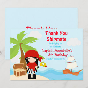 Cute Black Hair Pirate Girl Birthday Party Bedankkaart
