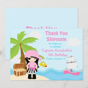 Cute Black Hair Pirate Girl Birthday Party Bedankkaart