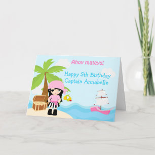 Cute Black Hair Pirate Girl Birthday Party Kaart
