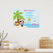 Cute Black Hair Pirate Girl Pink Birthday Poster (Keuken)