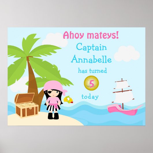 Cute Black Hair Pirate Girl Pink Birthday Poster (Voorkant)
