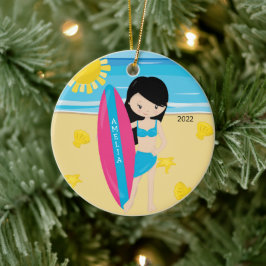 Cute Black Hair Surfer Girl persoonlijke kerstmis Keramisch Ornament