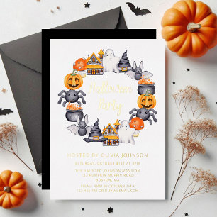 Cute Black Happy Halloween Illustration Part Gold Folie Uitnodiging