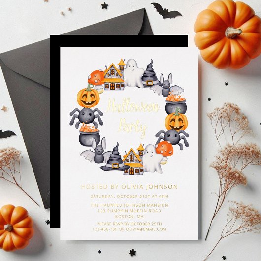 Cute Black Happy Halloween Illustration Part Gold Folie Uitnodiging