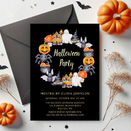 Cute Black Happy Halloween Illustration Party Folie Uitnodiging