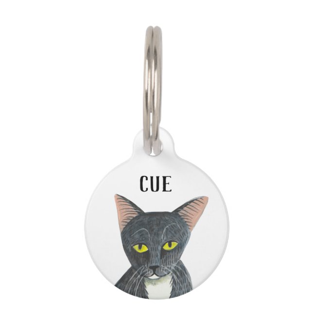 Cute Black Illustrated Cat ID label Huisdierpenning (Voorkant)
