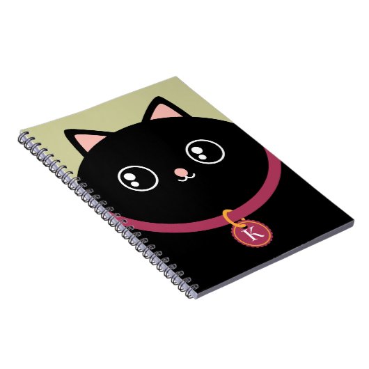 Cute Black Kat Face Custom Name Monogram Notitieboek (Rechterzijde)