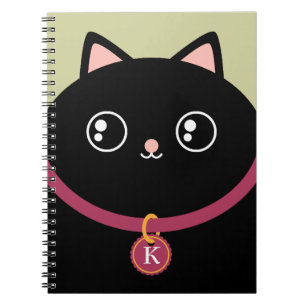 Cute Black Kat Face Custom Name Monogram Notitieboek