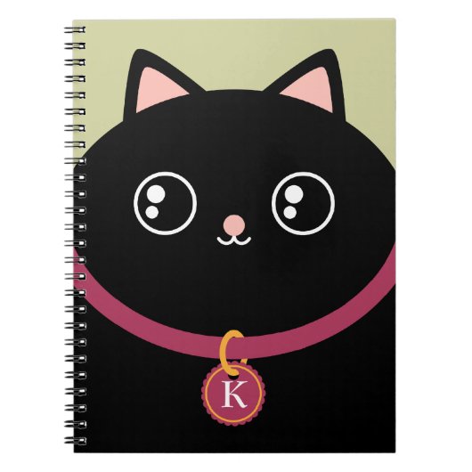 Cute Black Kat Face Custom Name Monogram Notitieboek (Voorkant)