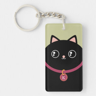 Cute Black Kat Face Kawaii Custom Name Monogram Sleutelhanger