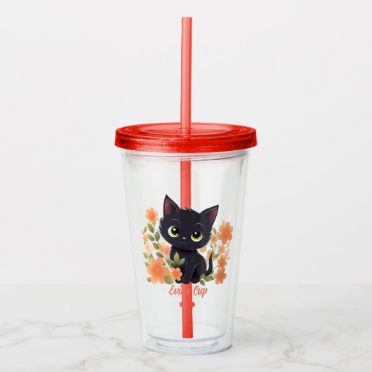 Cute Black Kat Kawaii Chibi Acryl Drinkbeker (Voorkant)