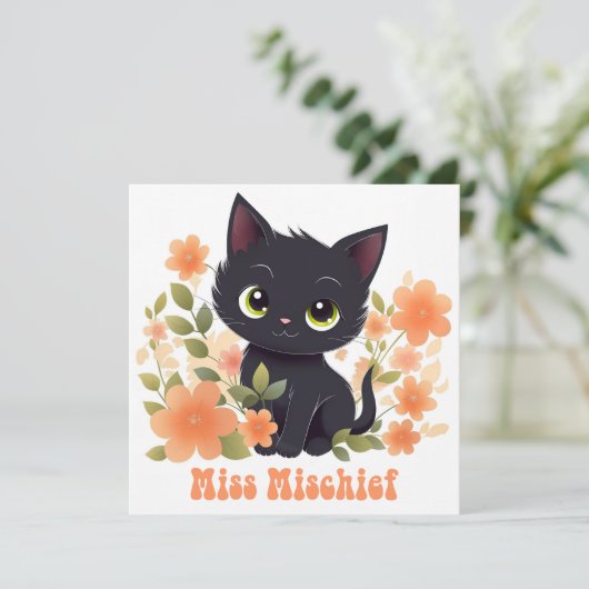 Cute Black Kat Kawaii Chibi Kaart (Staand voorkant)