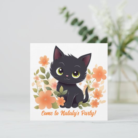 Cute Black Kat Kawaii Chibi Kaart (Staand voorkant)