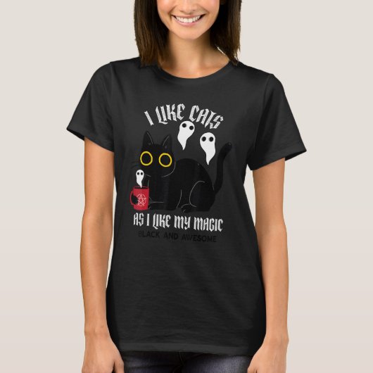 Cute Black Kat Witchy met Ghosts Black Magic T-shirt (Voorkant)