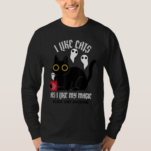 Cute Black Kat Witchy met Ghosts Black Magic T-shirt (Voorkant)