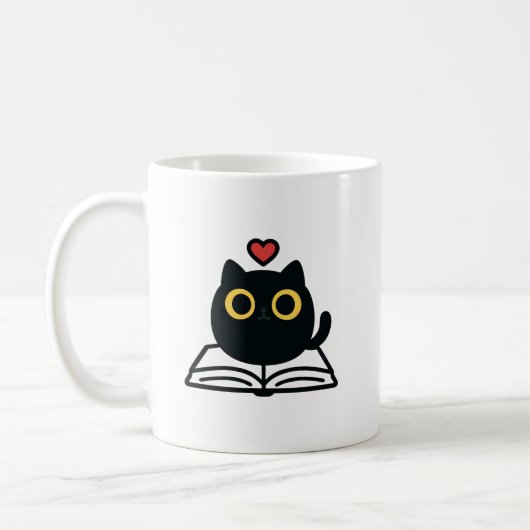 Cute Black Kawaii Cat Reading Book Cartoon Koffiemok (Links)