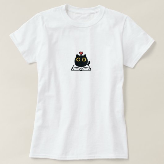 Cute Black Kawaii Cat Reading Book Cartoon T-shirt (Design voorkant)